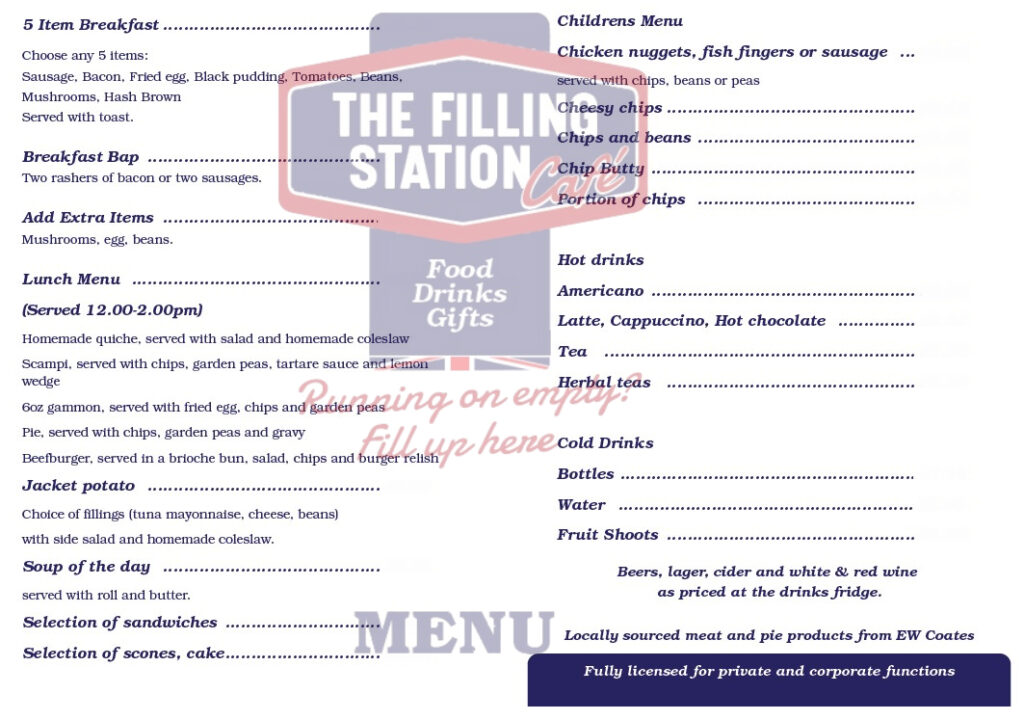 Example menu at the Filling Station Cafe